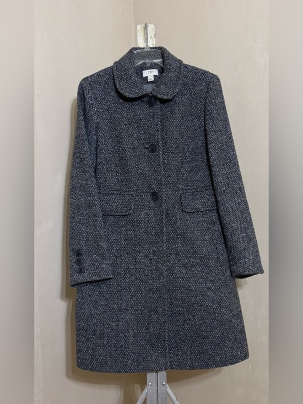 LOFT Navy-Charcoal Tweed Pea Coat with Rounded Collar